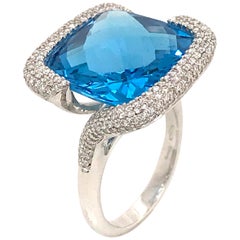 Blue Topaz Cushion Shape and Diamonds Color G-VS on White Gold 18K Fashion Ring