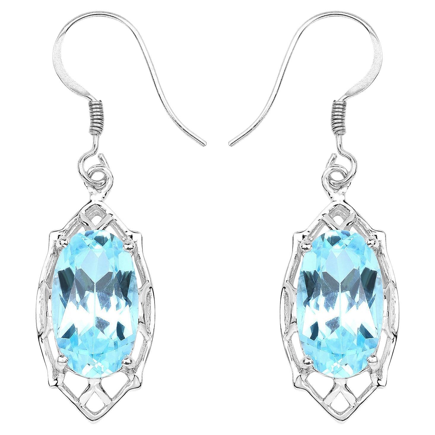 Blue Topaz Dangle Earrings 13.6 Carats Rhodium Plated Silver