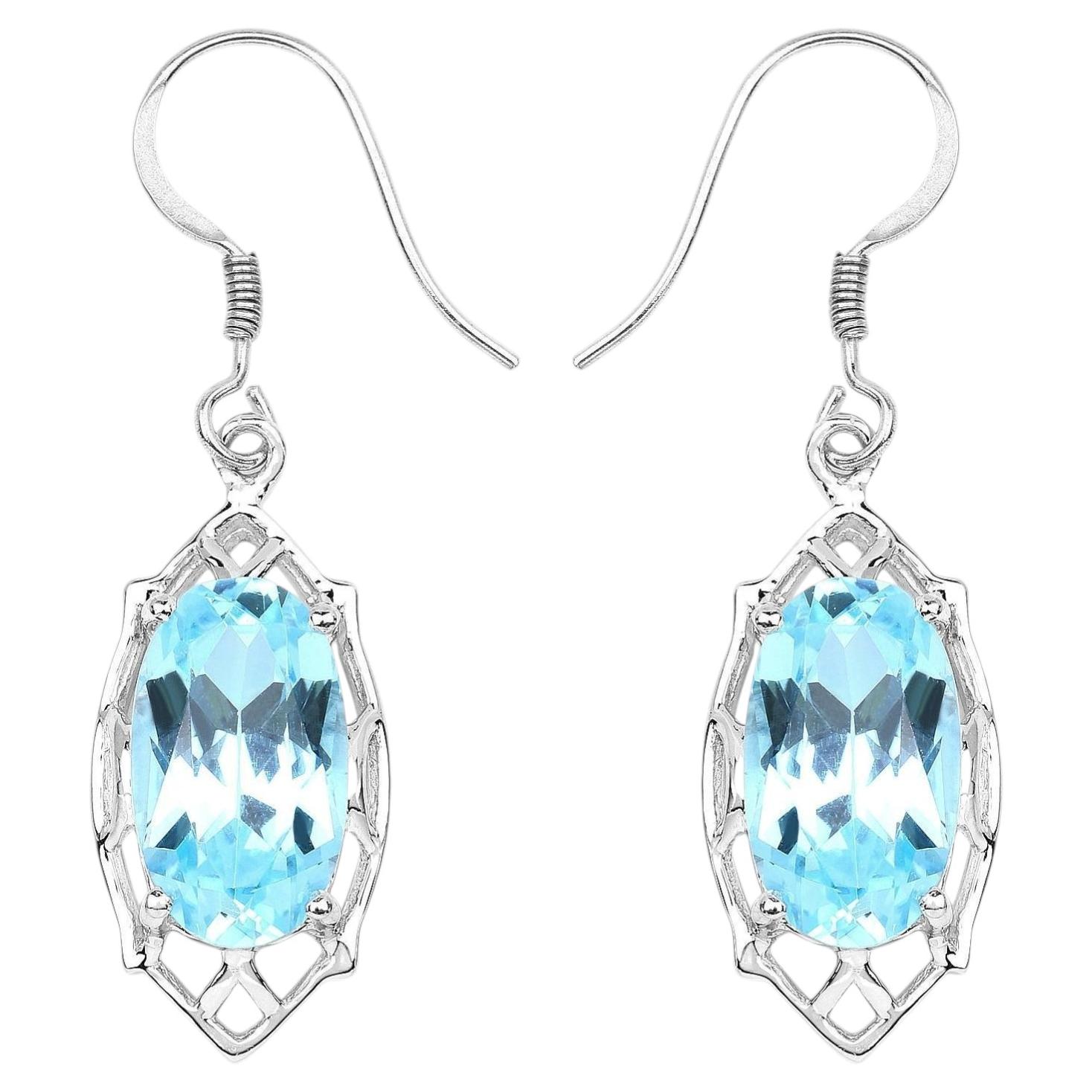 Blue Topaz Dangle Earrings 13.6 Carats Rhodium Plated Silver