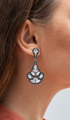 Blue Topaz Dangle Earrings Black Spinel 12.1 Carats Sterling Silver