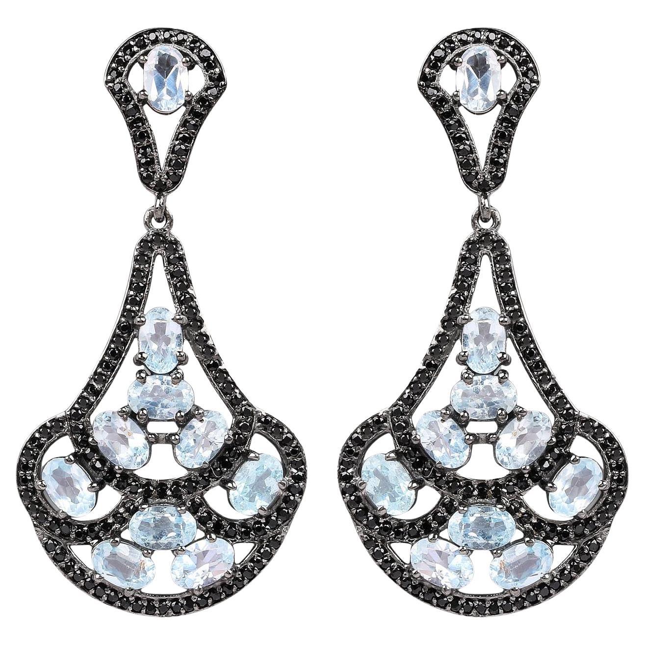 Blue Topaz Dangle Earrings Black Spinel 12.1 Carats Sterling Silver