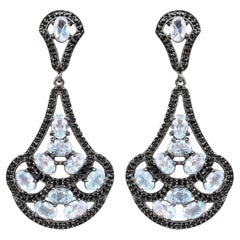Blue Topaz Dangle Earrings Black Spinel 12.1 Carats Sterling Silver