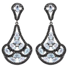 Blue Topaz Dangle Earrings Black Spinel 12.1 Carats Sterling Silver