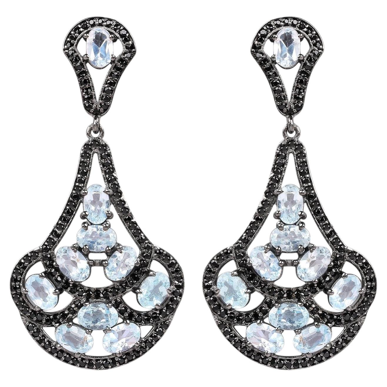 Blue Topaz Dangle Earrings Black Spinel 12.1 Carats Sterling Silver