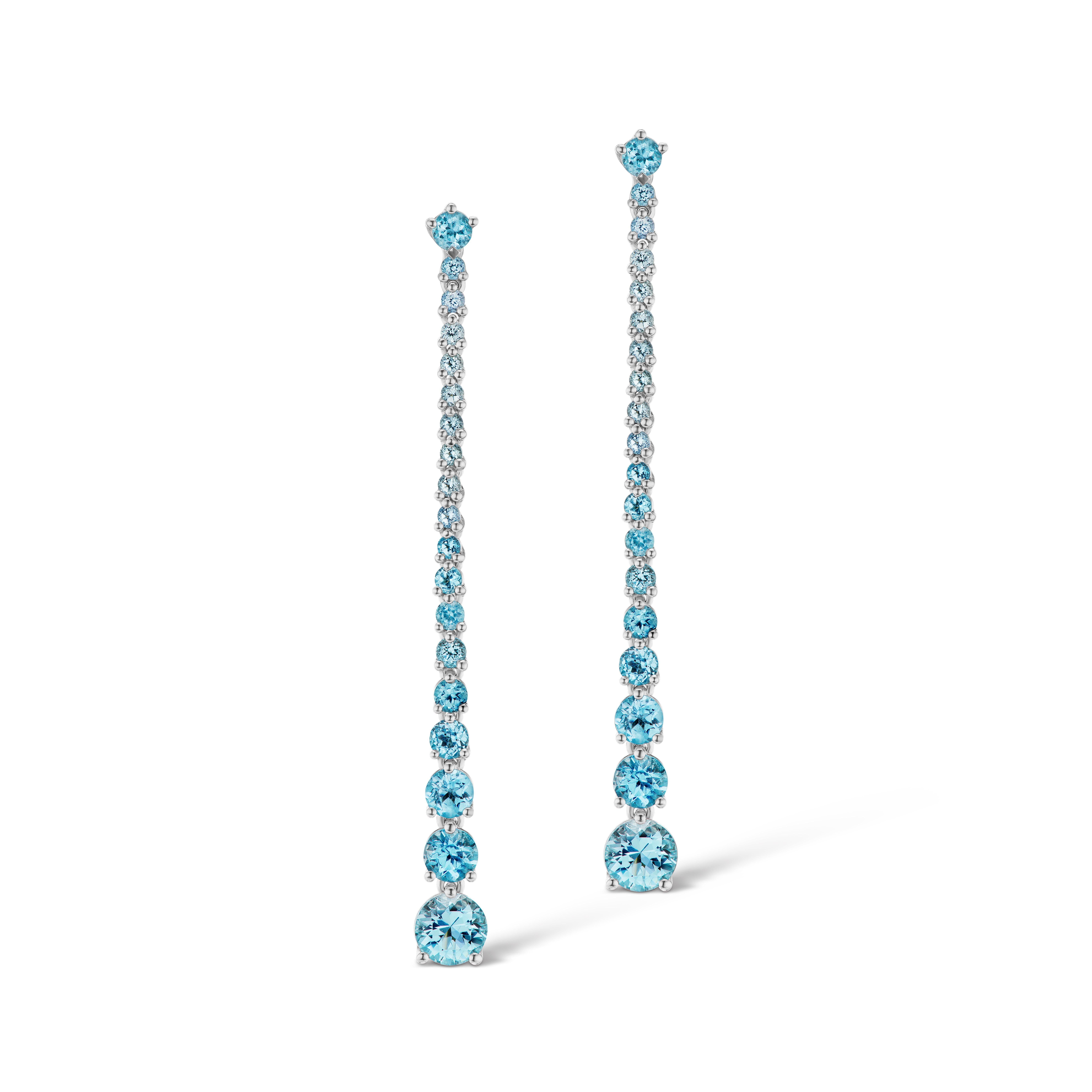 Round Cut JAG New York Blue Topaz Dangle Earrings set in Platinum For Sale