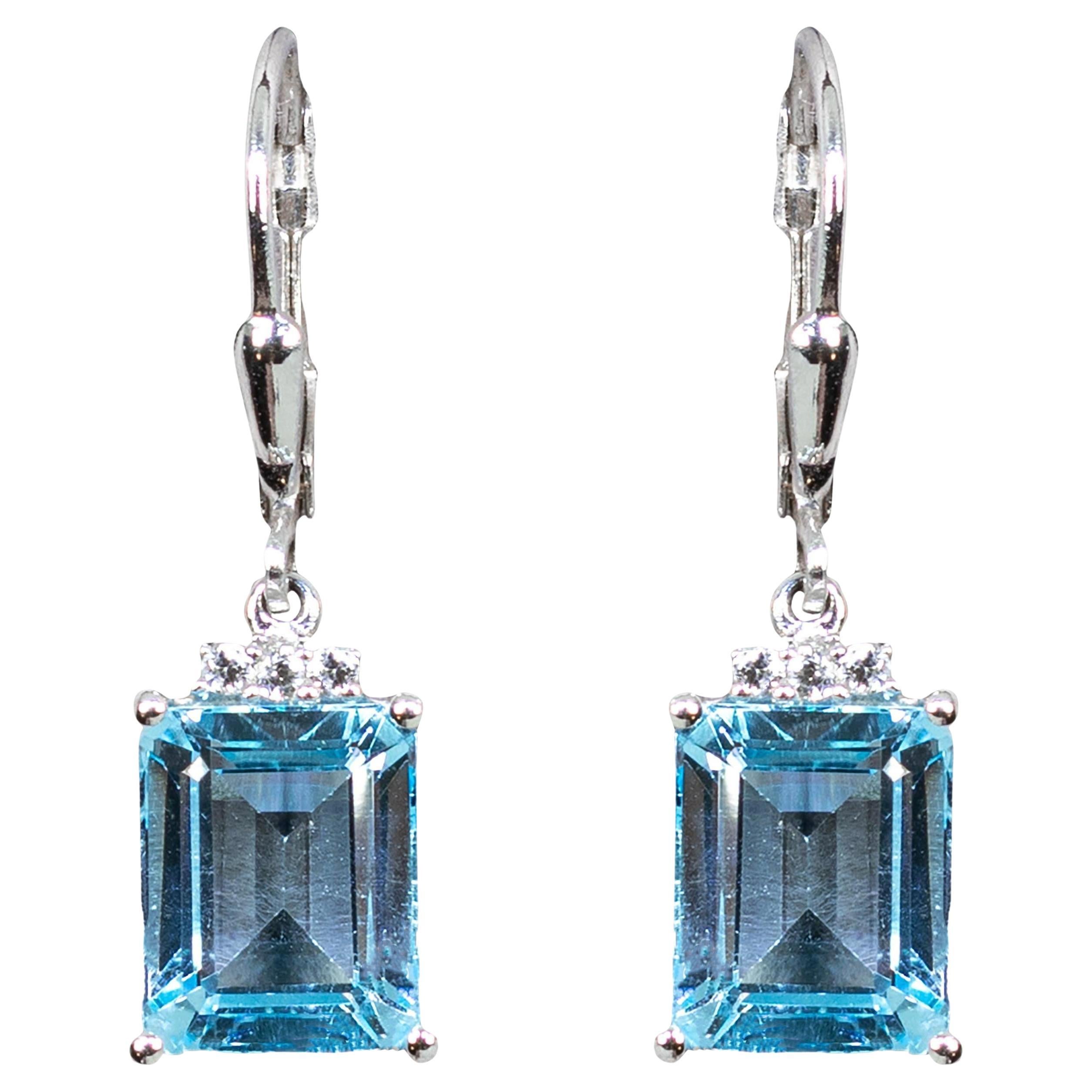Blue Topaz Dangle Earrings White Topaz 7.9 Carats Sterling Silver