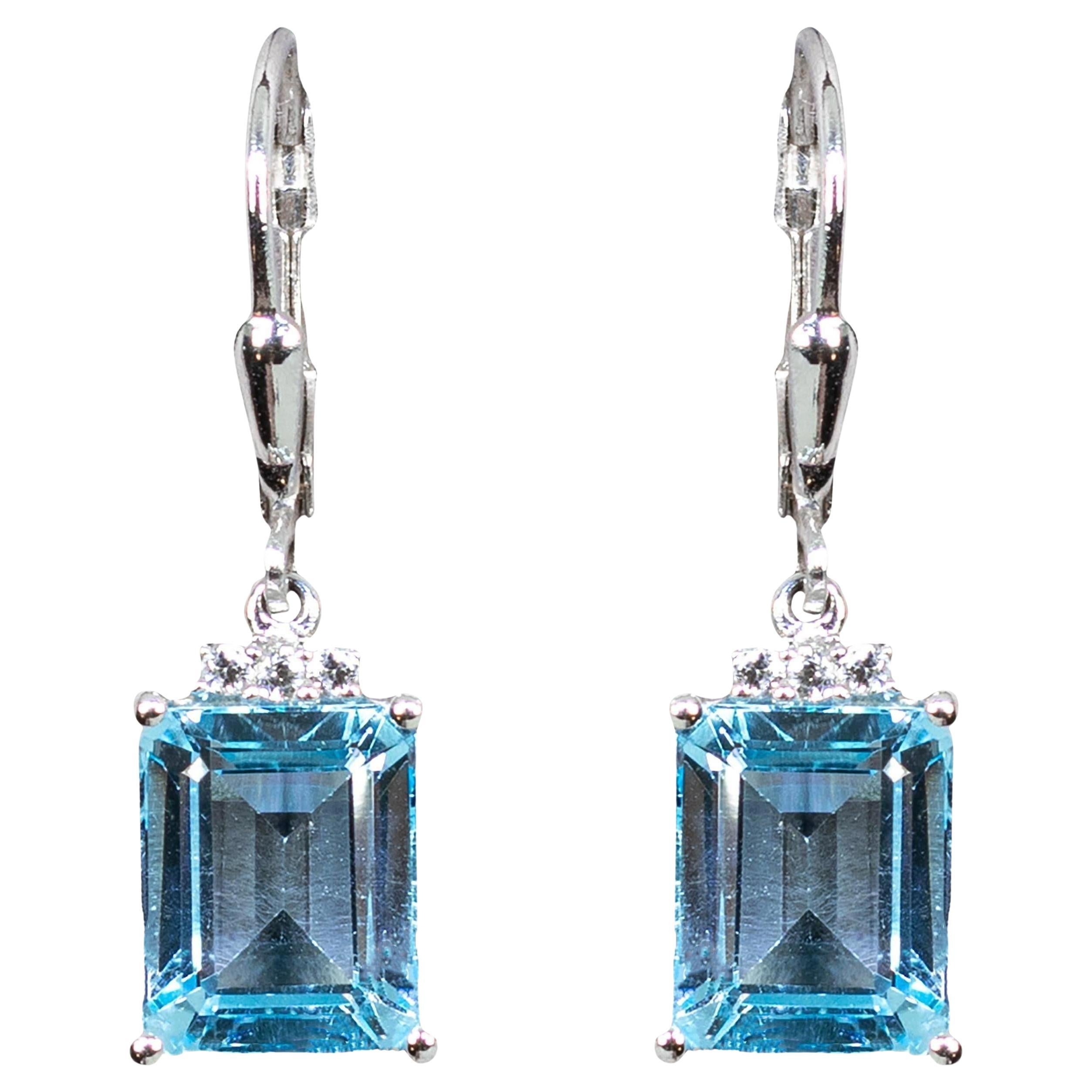 Blue Topaz Dangle Earrings White Topaz 7.9 Carats Sterling Silver