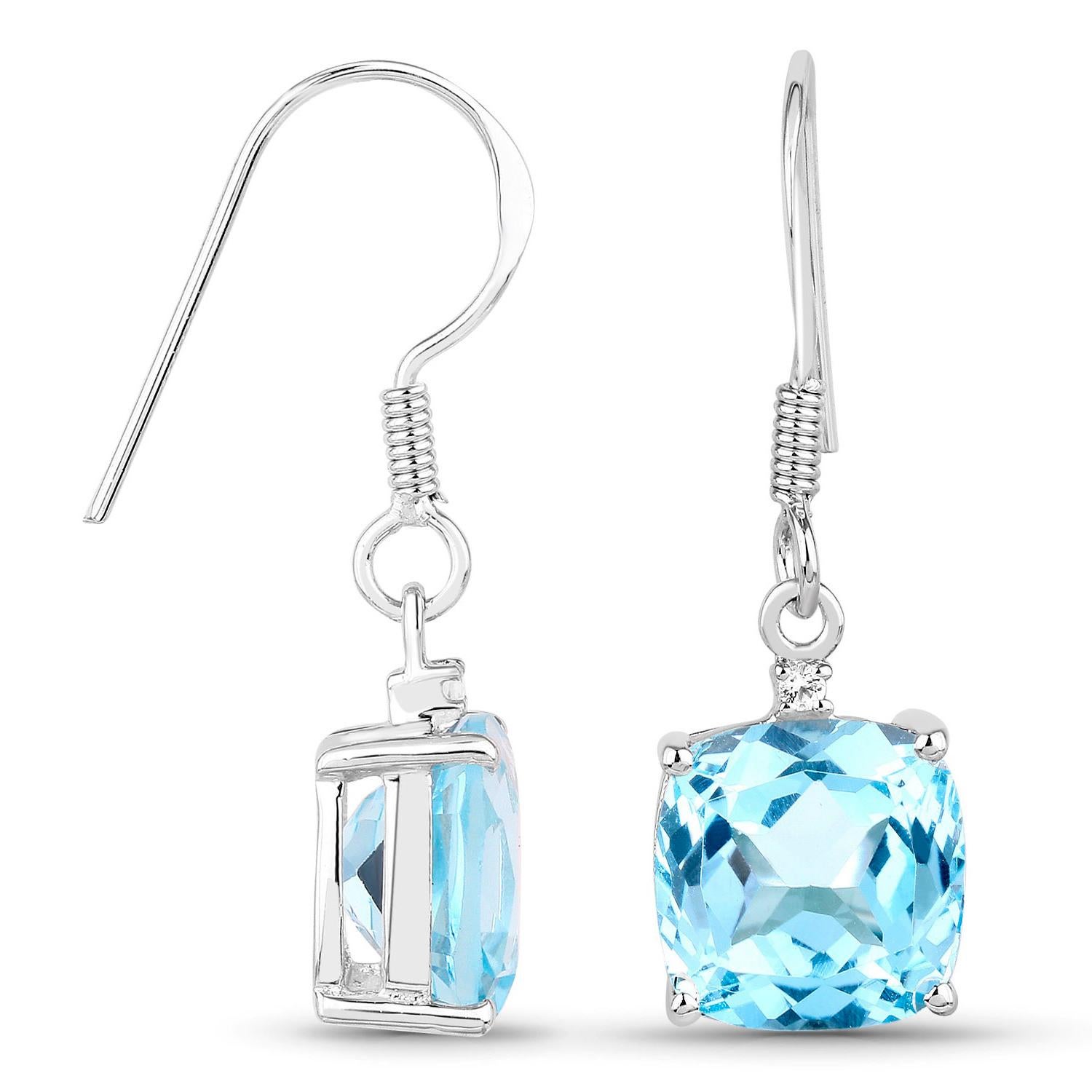 Contemporary Blue Topaz Dangle Earrings White Topaz 8.82 Carats Sterling Silver For Sale