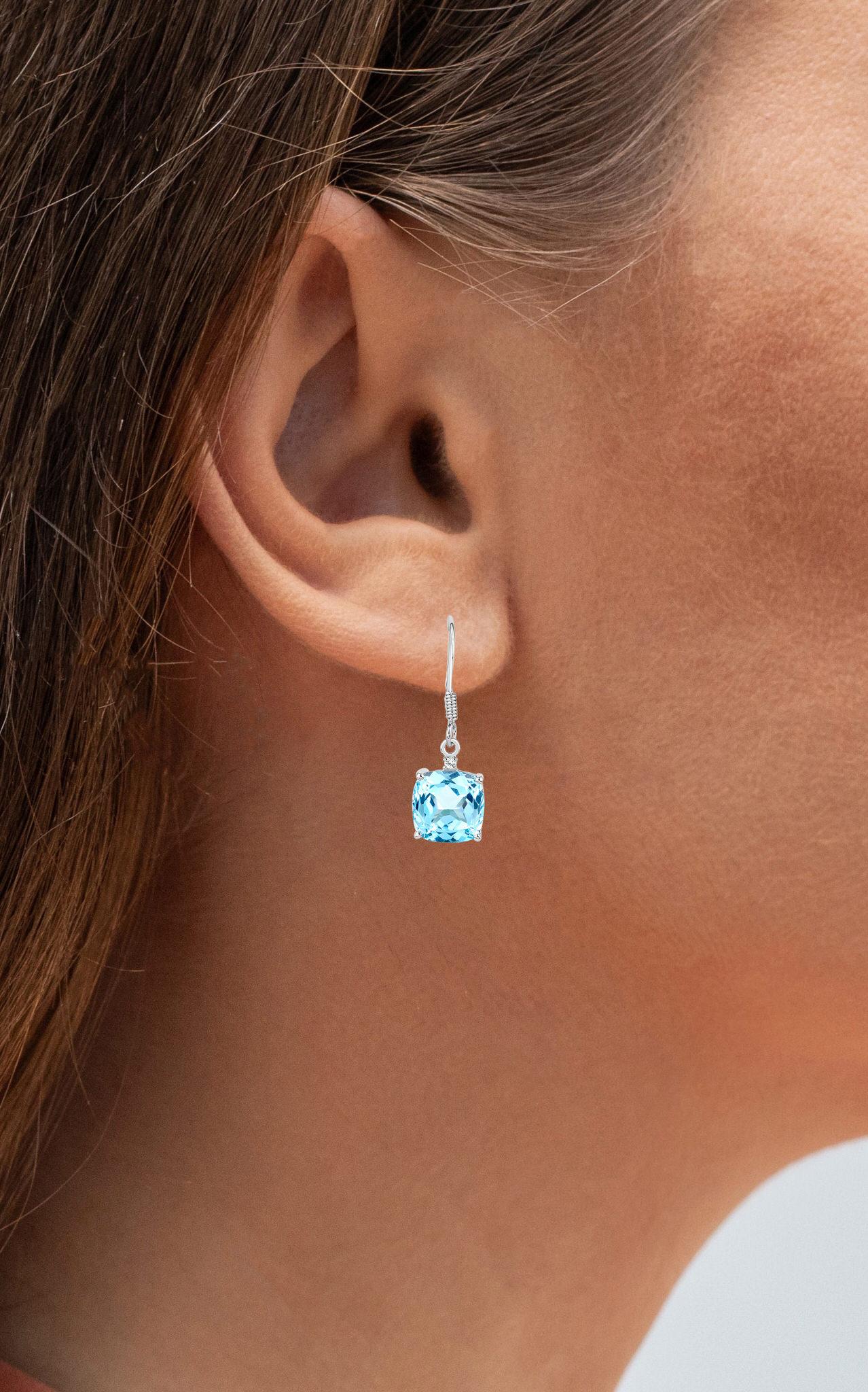 Cushion Cut Blue Topaz Dangle Earrings White Topaz 8.82 Carats Sterling Silver For Sale