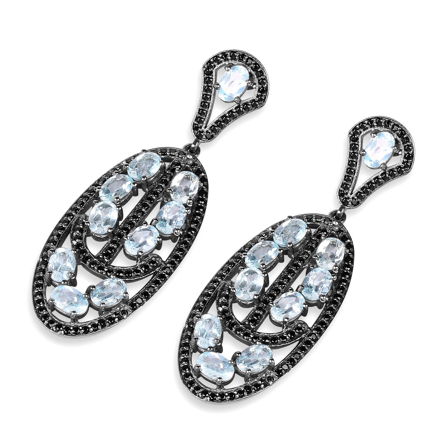 Mixed Cut Blue Topaz Dangle Earrings With Black Spinels 13.9 Carats Rhodium Plated Silver For Sale