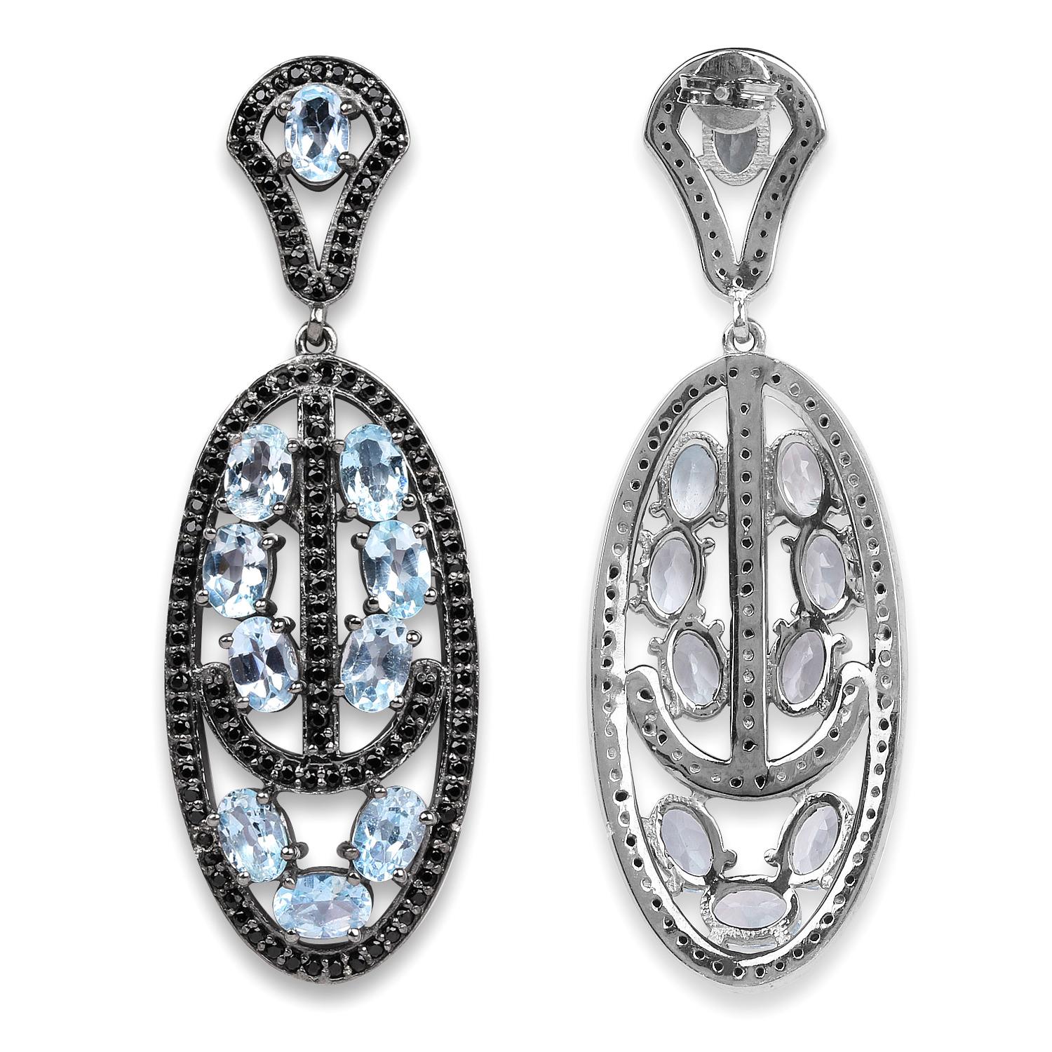 Blue Topaz Dangle Earrings With Black Spinels 13.9 Carats Rhodium Plated Silver In Excellent Condition For Sale In Aliso Viejo, CA