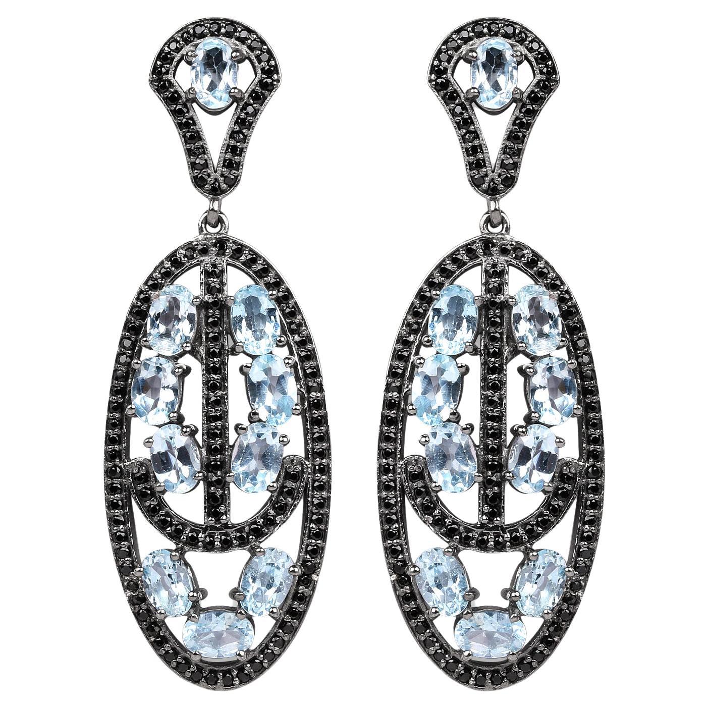 Blue Topaz Dangle Earrings With Black Spinels 13.9 Carats Rhodium Plated Silver For Sale