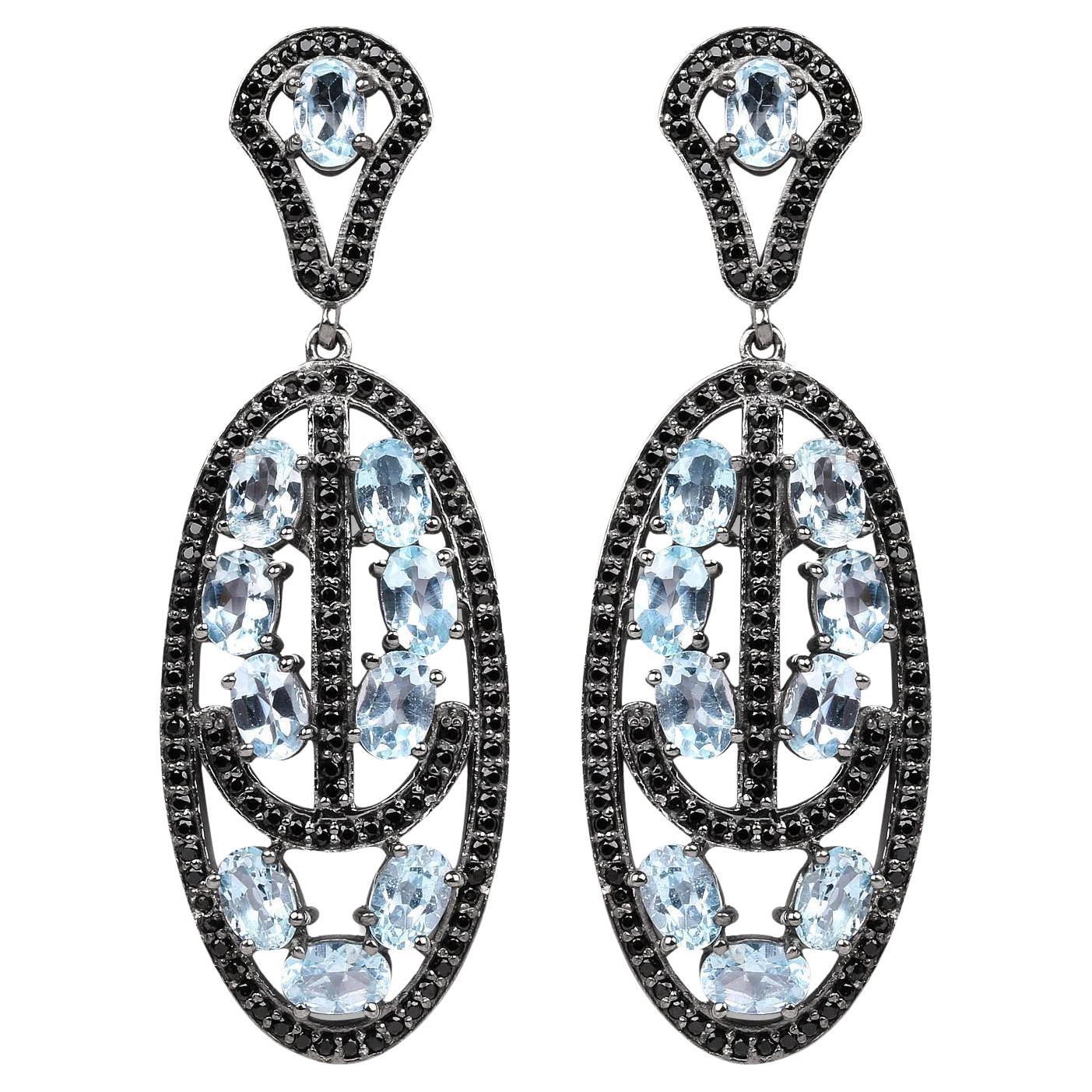 Blue Topaz Dangle Earrings With Black Spinels 13.9 Carats Rhodium Plated Silver
