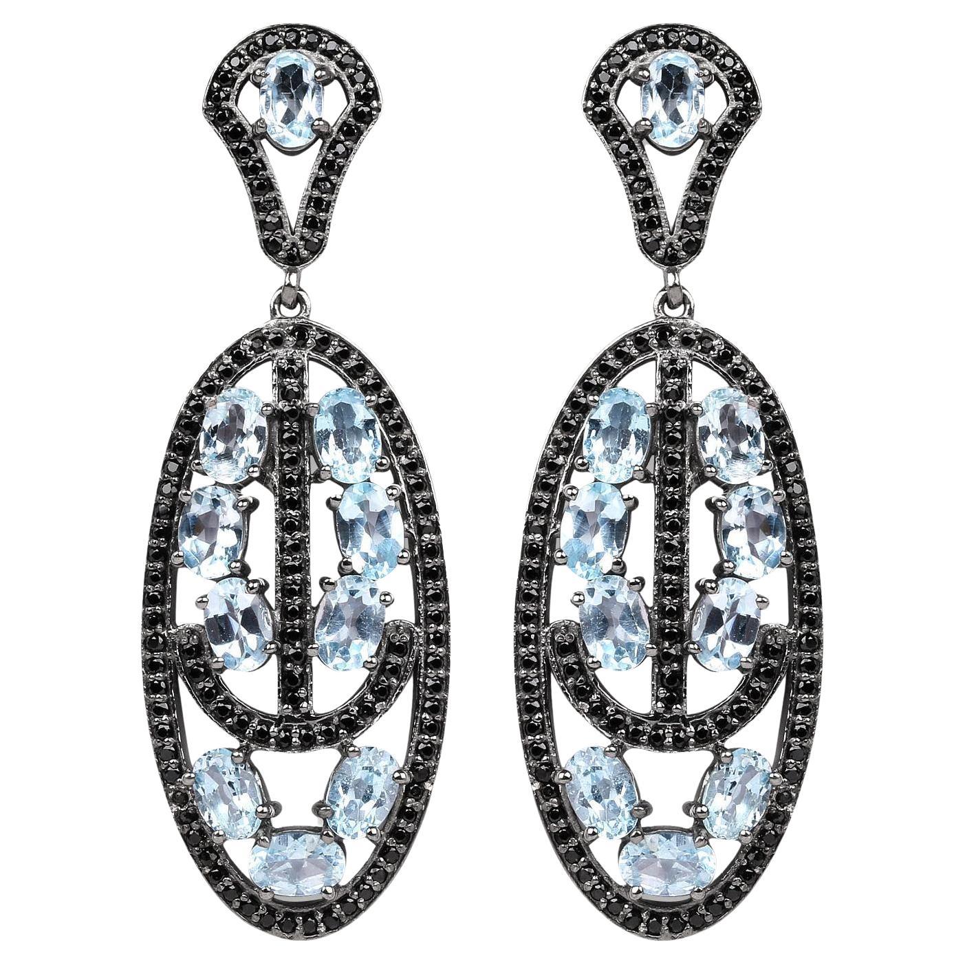 Blue Topaz Dangle Earrings With Black Spinels 13.9 Carats Rhodium Plated Silver For Sale