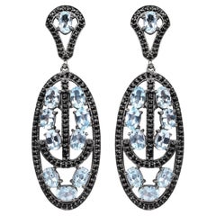 Blue Topaz Dangle Earrings With Black Spinels 13.9 Carats Rhodium Plated Silver