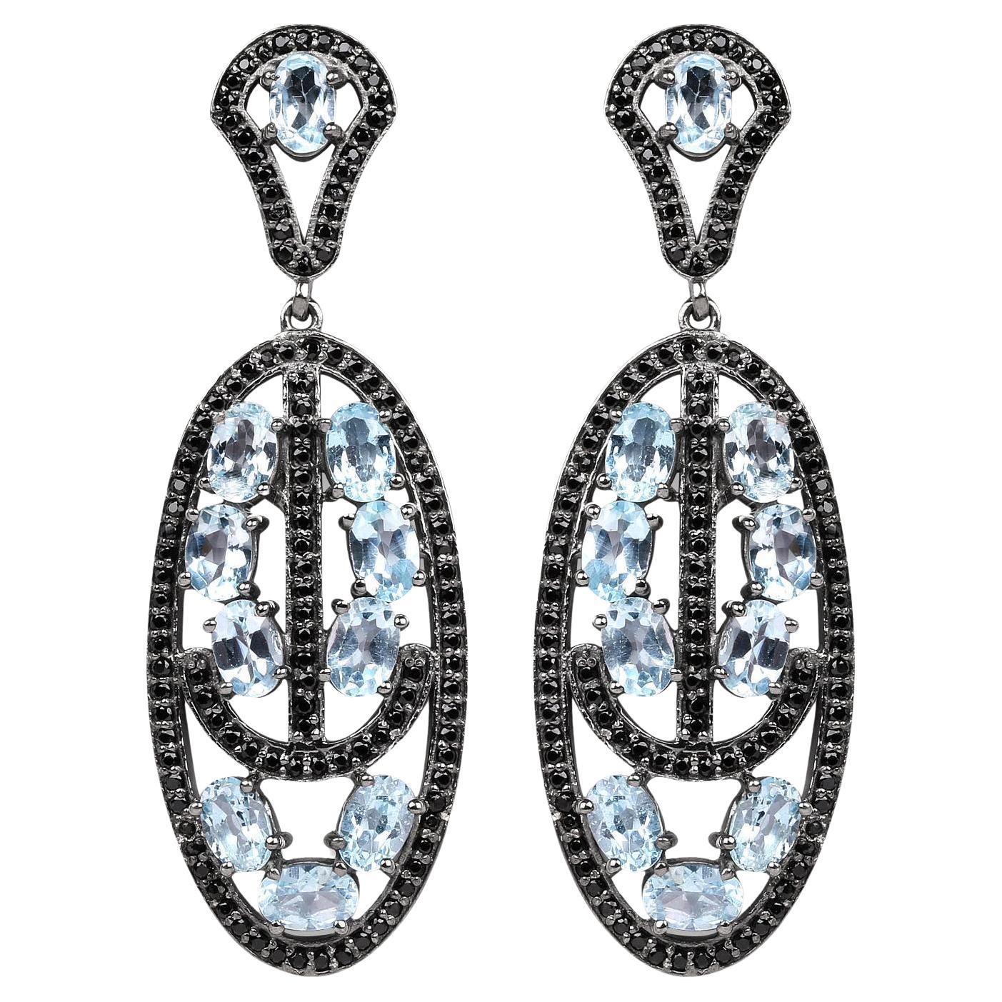 Blue Topaz Dangle Earrings With Black Spinels 13.9 Carats Rhodium Plated Silver