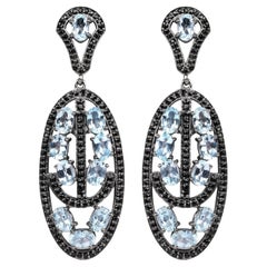 Blue Topaz Dangle Earrings With Black Spinels 13.9 Carats Rhodium Plated Silver