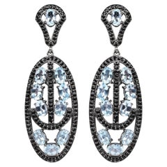 Blue Topaz Dangle Earrings With Black Spinels 13.9 Carats Rhodium Plated Silver