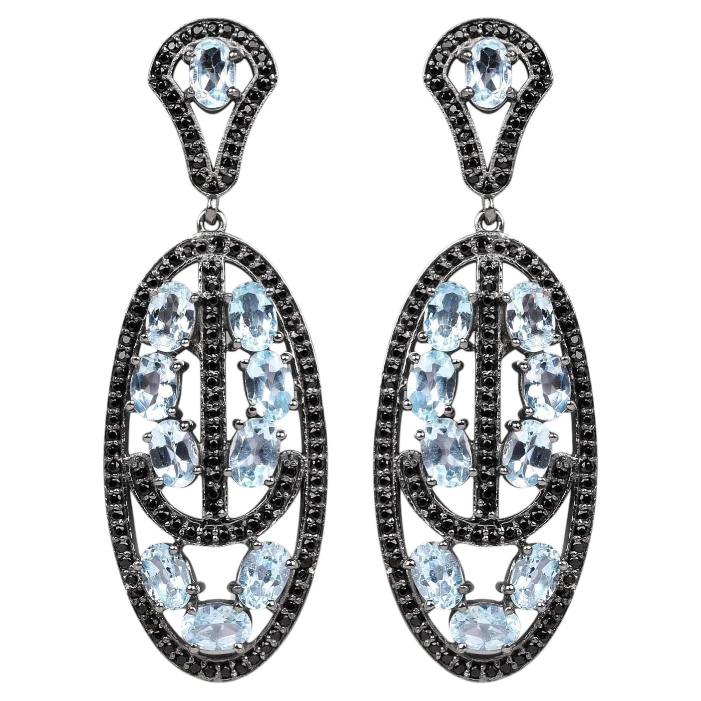 Blue Topaz Dangle Earrings With Black Spinels 13.9 Carats Rhodium Plated Silver