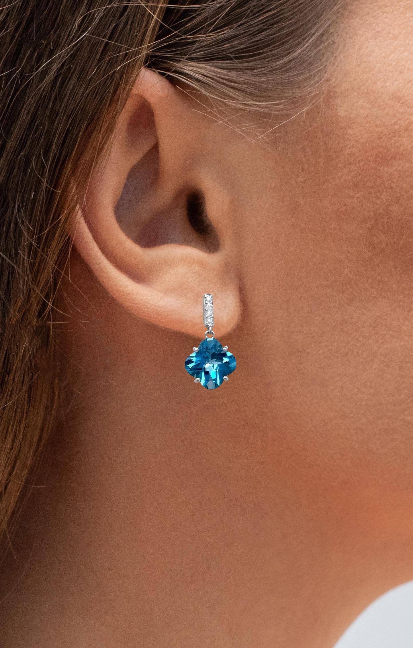 Contemporary Blue Topaz Dangle Earrings With Diamonds 5.48 Carats 18K White Gold For Sale