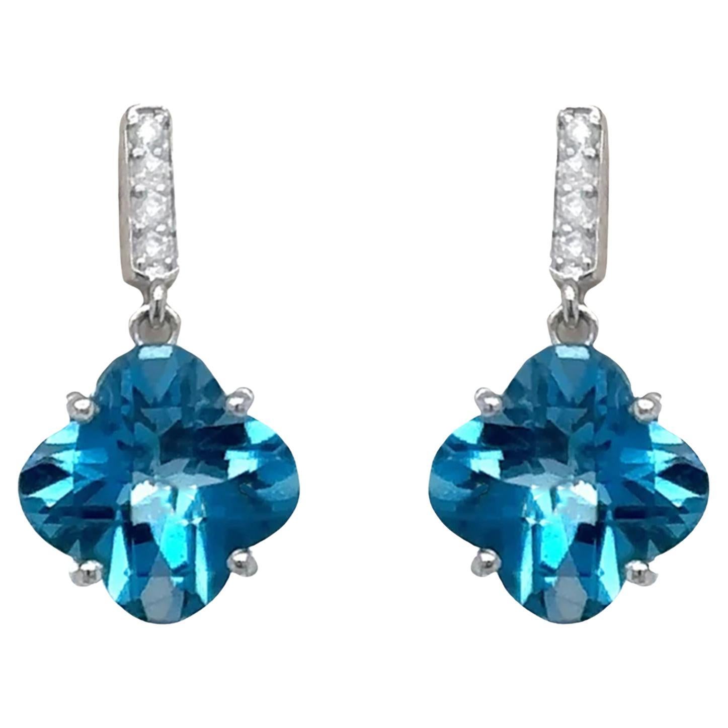 Blue Topaz Dangle Earrings With Diamonds 5.48 Carats 18K White Gold