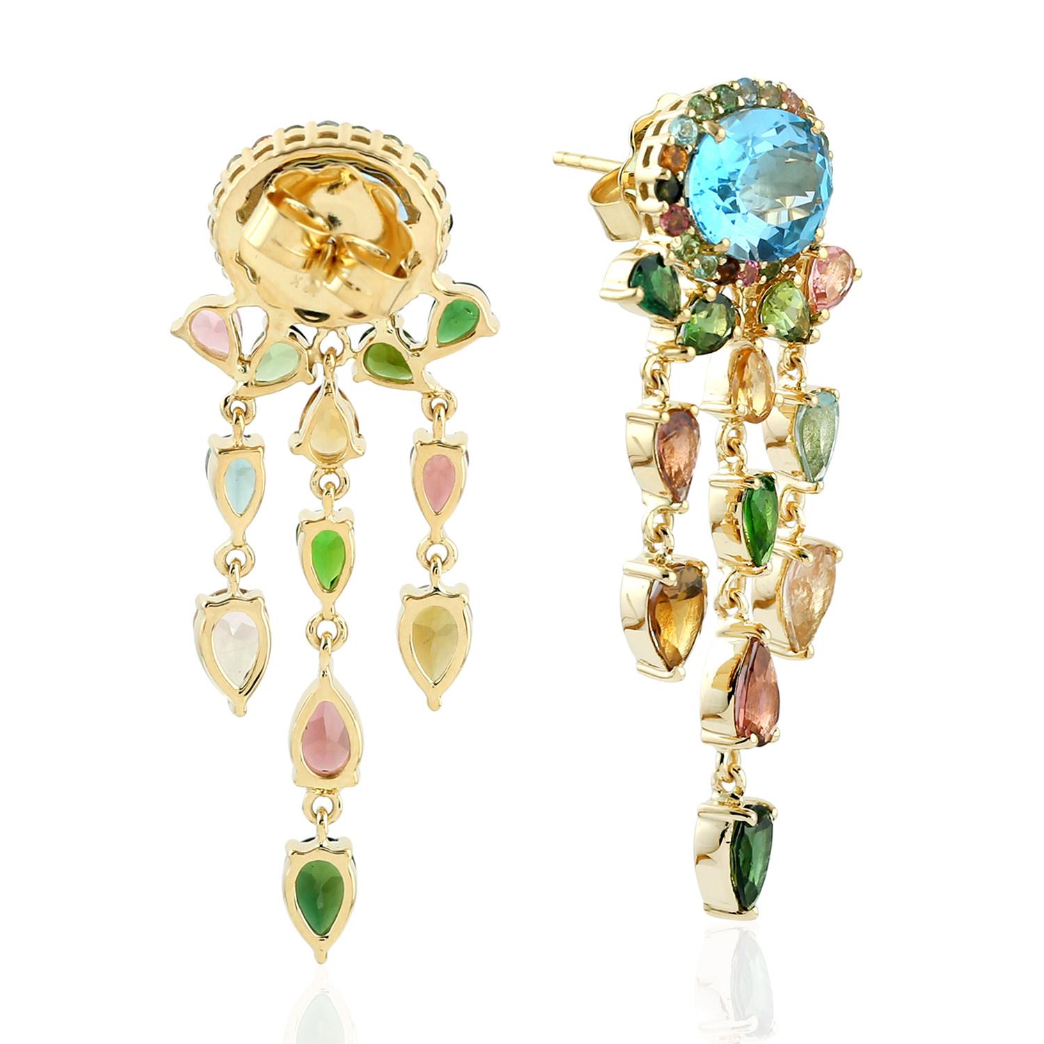 Art déco Boucles d'oreilles pendantes en or jaune 18k avec topaze bleue et multi-tourmaline en vente