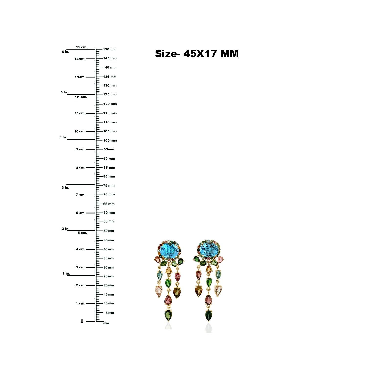 Taille mixte Boucles d'oreilles pendantes en or jaune 18k avec topaze bleue et multi-tourmaline en vente