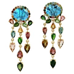 Orecchini pendenti di topazio blu con tormalina multipla in oro giallo 18 carati