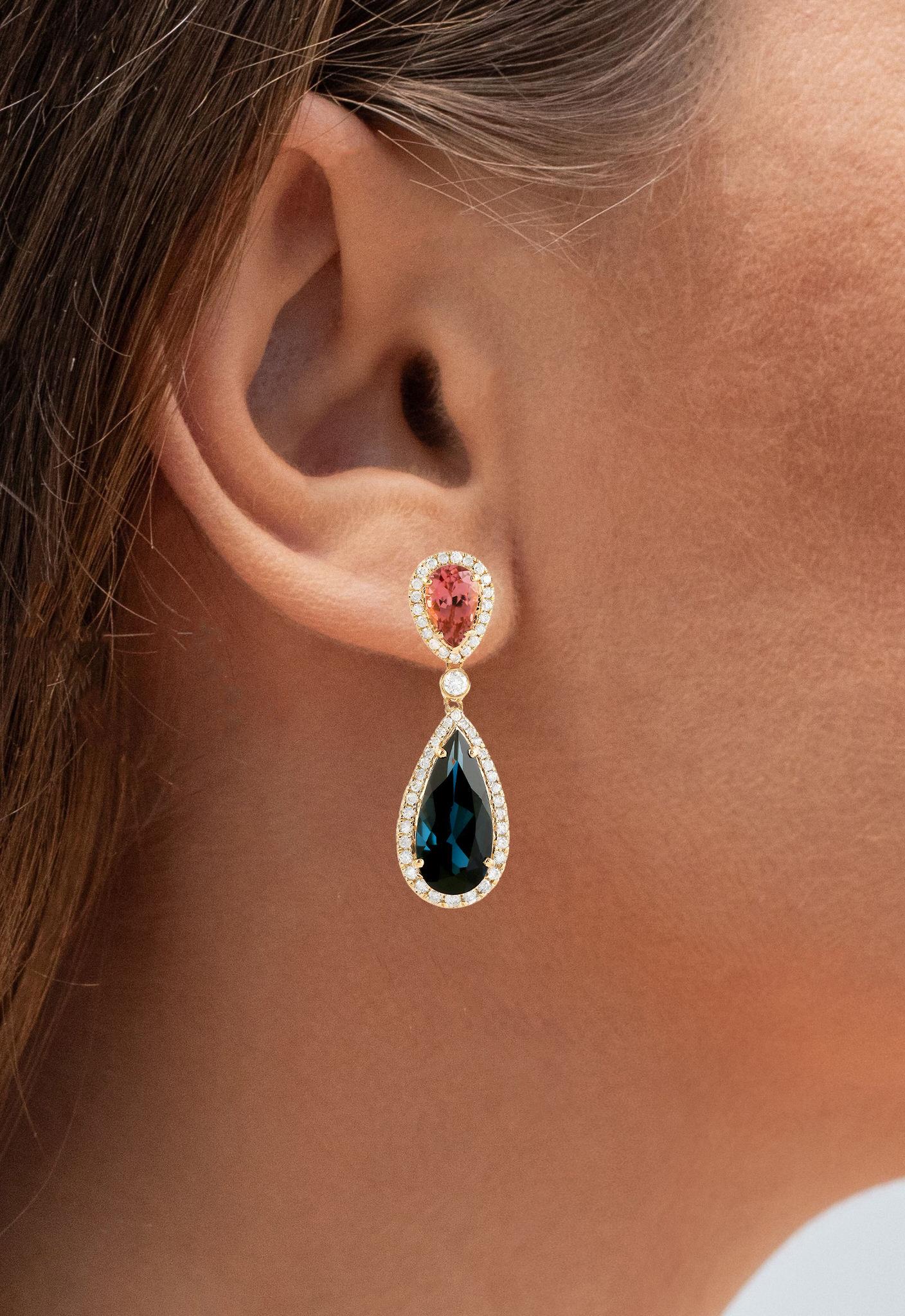 Contemporary Blue Topaz Dangle Earrings With Pink Tourmalines and Diamonds 9.63 Carats 18K Ye For Sale
