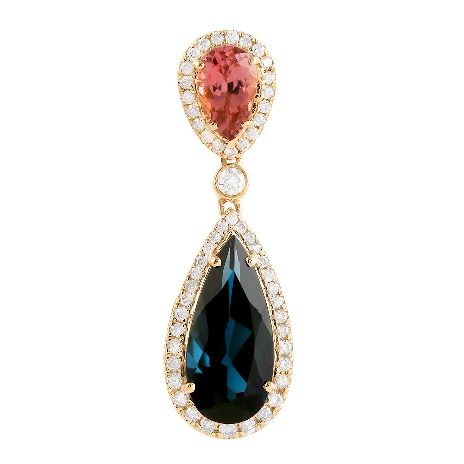 Pear Cut Blue Topaz Dangle Earrings With Pink Tourmalines and Diamonds 9.63 Carats 18K Ye For Sale