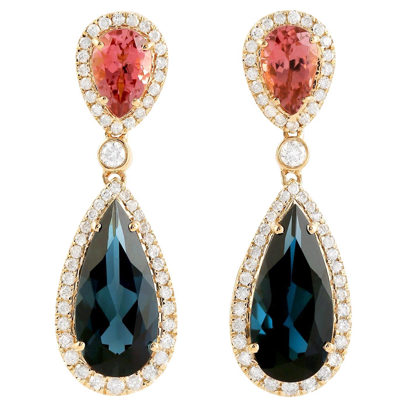 Blue Topaz Dangle Earrings With Pink Tourmalines and Diamonds 9.63 Carats 18K Ye For Sale