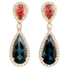 Blue Topaz Dangle Earrings With Pink Tourmalines and Diamonds 9.63 Carats 18K Ye