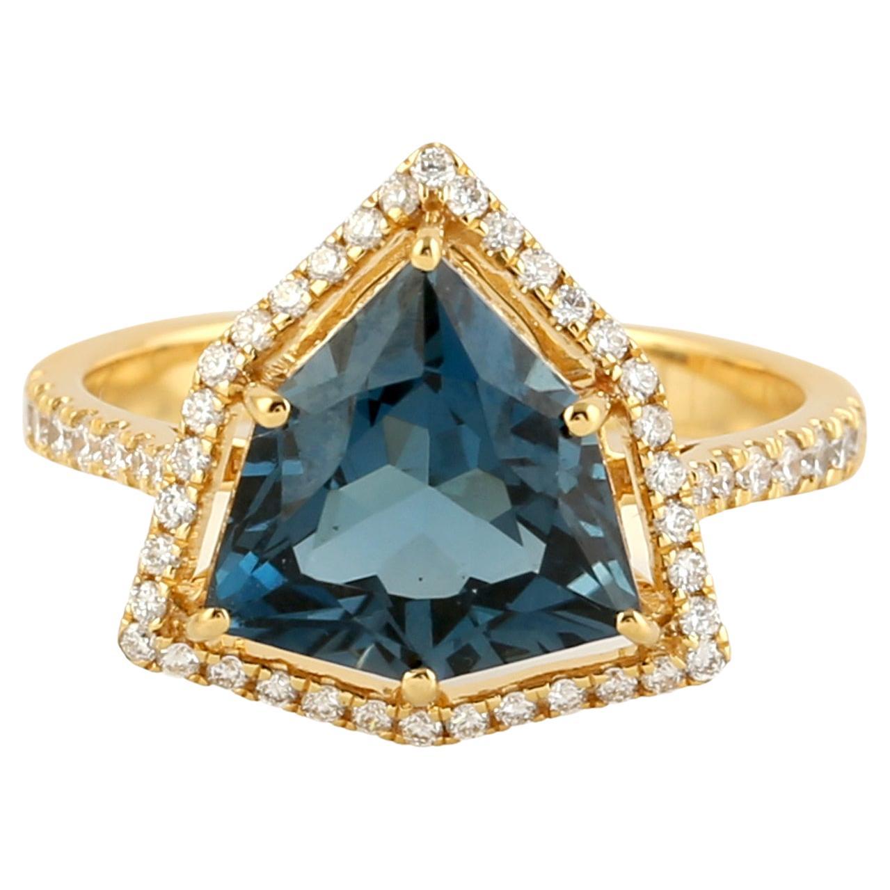 Blue Topaz Diamond 14K Gold Ring For Sale