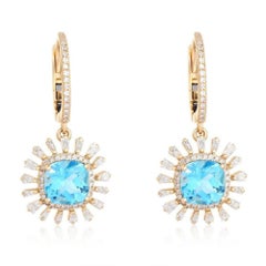 Blue Topaz Diamond 14K (or 18k upon request) Yellow Gold Starburst Drop Earrings