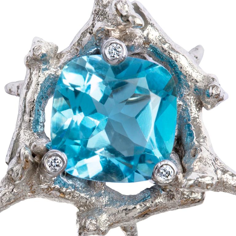 Néo-baroque Clips d'oreilles en or blanc 18 carats avec topaze bleue et diamants en vente