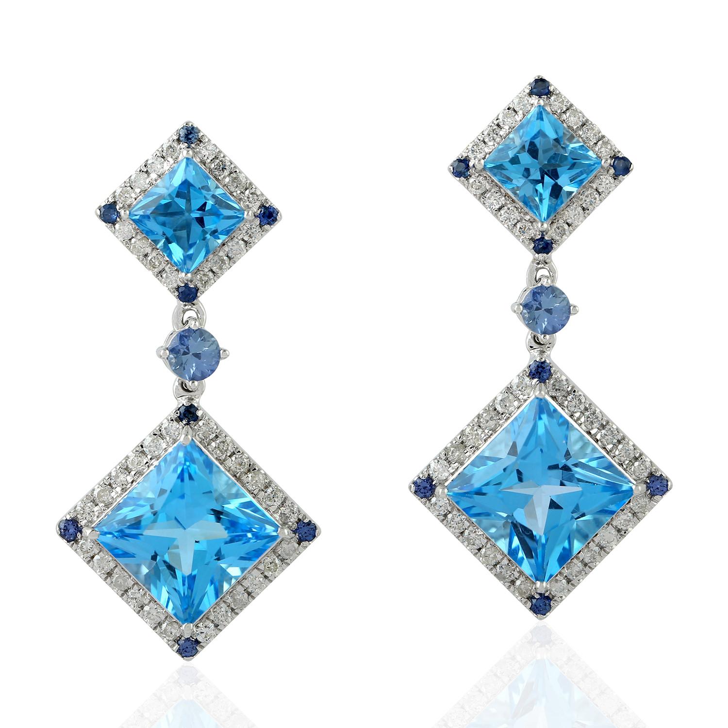 Contemporary Blue Topaz Diamond 18 Karat Gold Earrings For Sale