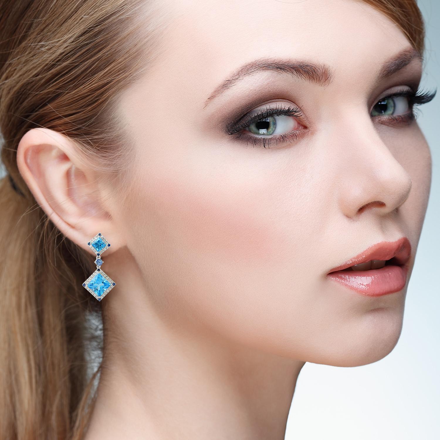 Mixed Cut Blue Topaz Diamond 18 Karat Gold Earrings For Sale