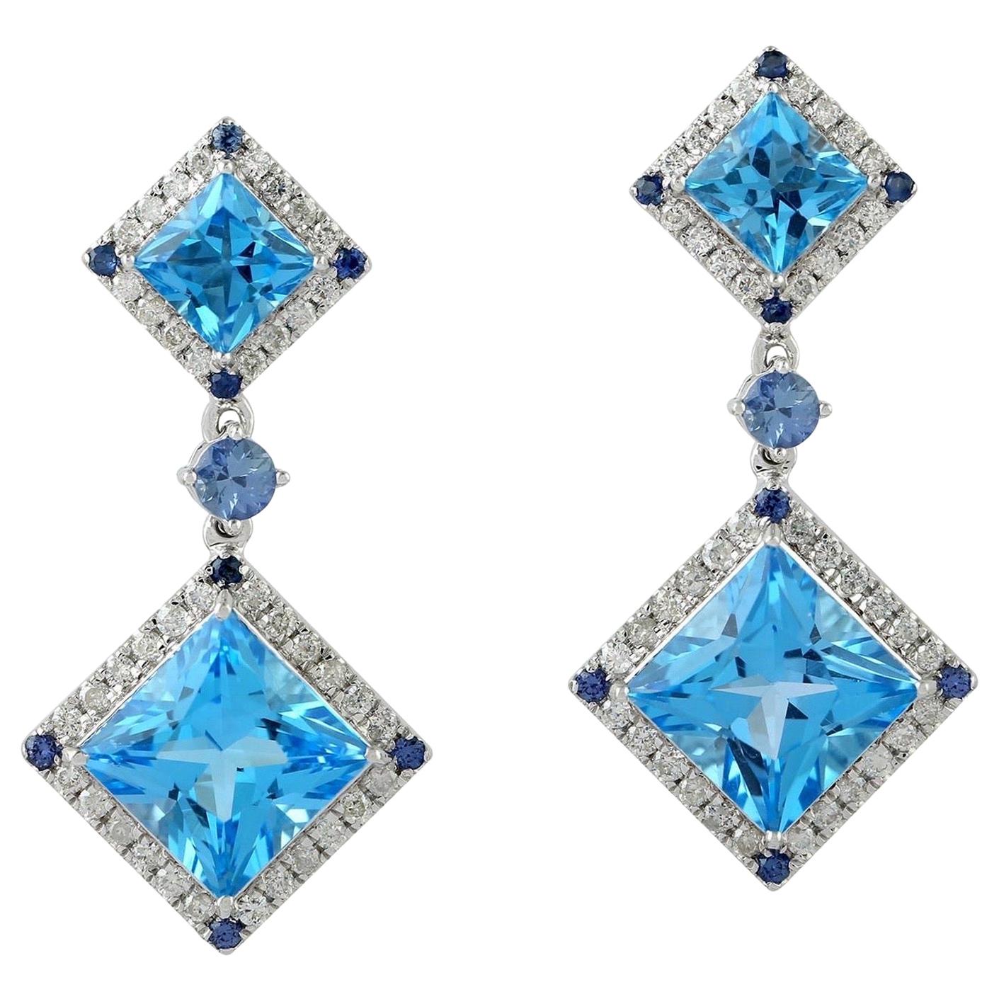 Blue Topaz Diamond 18 Karat Gold Earrings