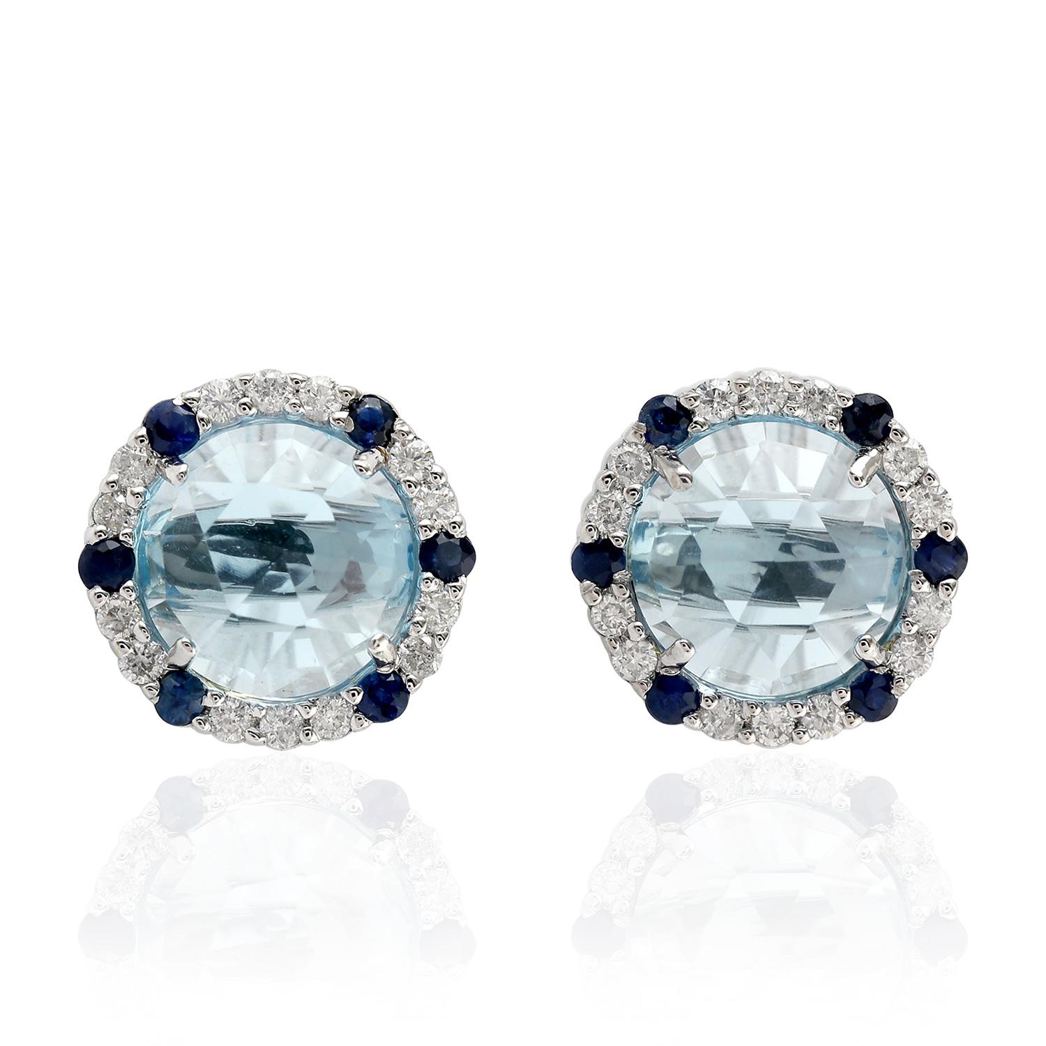 Rose Cut Blue Topaz Diamond 18 Karat Gold Round Stud Earrings For Sale