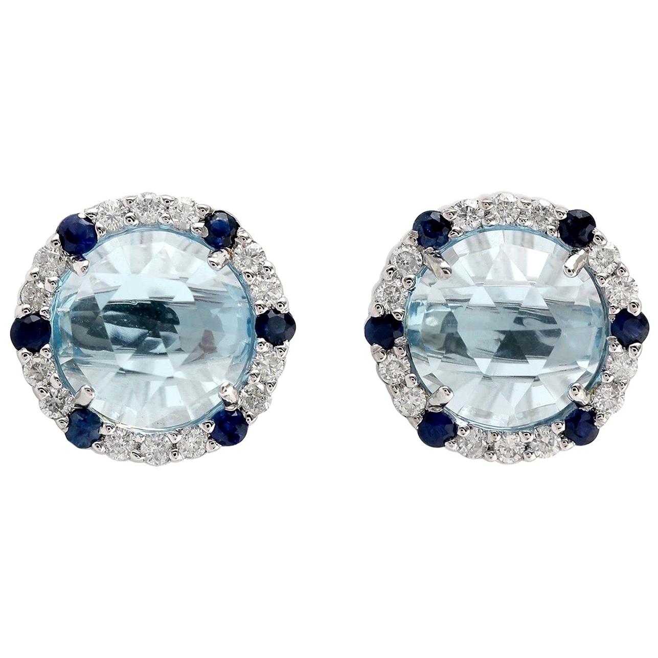 Blue Topaz Diamond 18 Karat Gold Round Stud Earrings