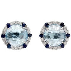 Blue Topaz Diamond 18 Karat Gold Round Stud Earrings