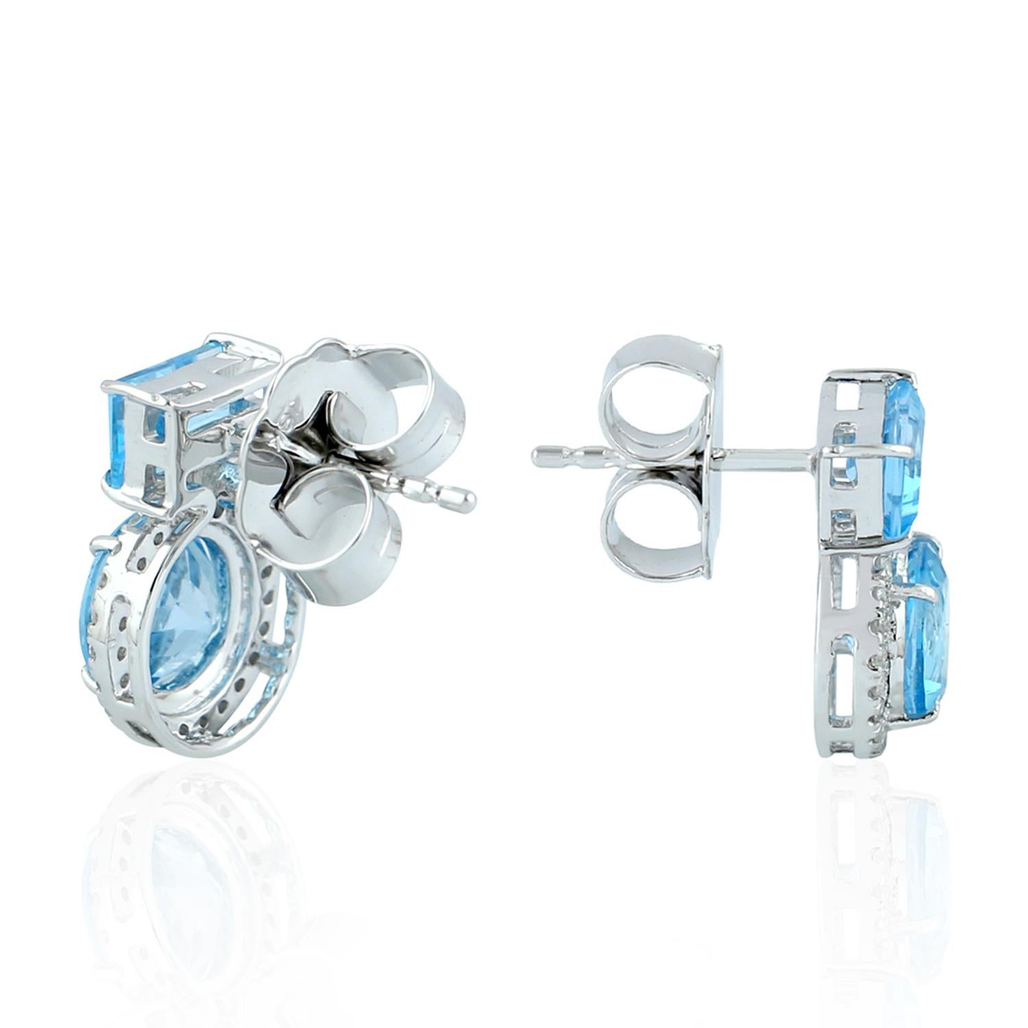 Contemporary Blue Topaz Diamond 18 Karat Gold Stud Earrings For Sale