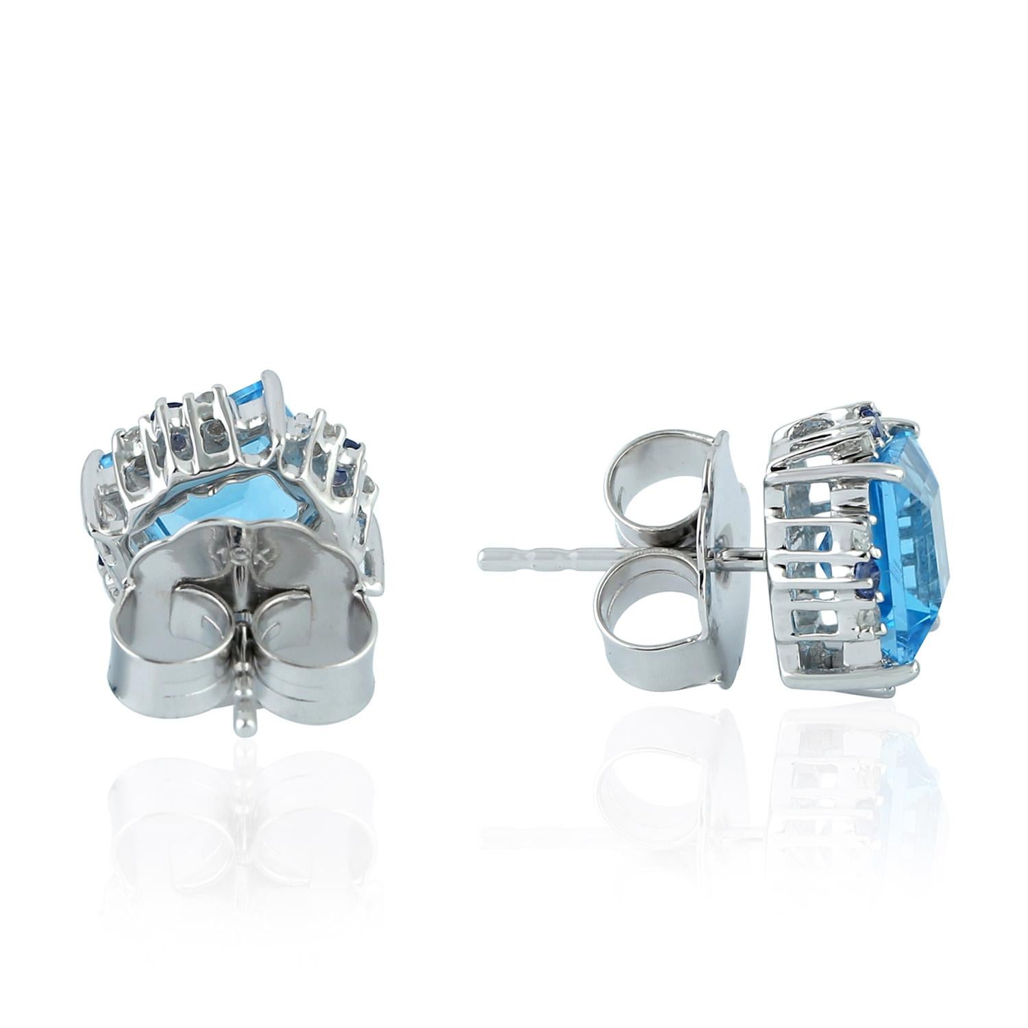 Contemporary Blue Topaz Diamond 18 Karat Gold Stud Earrings For Sale