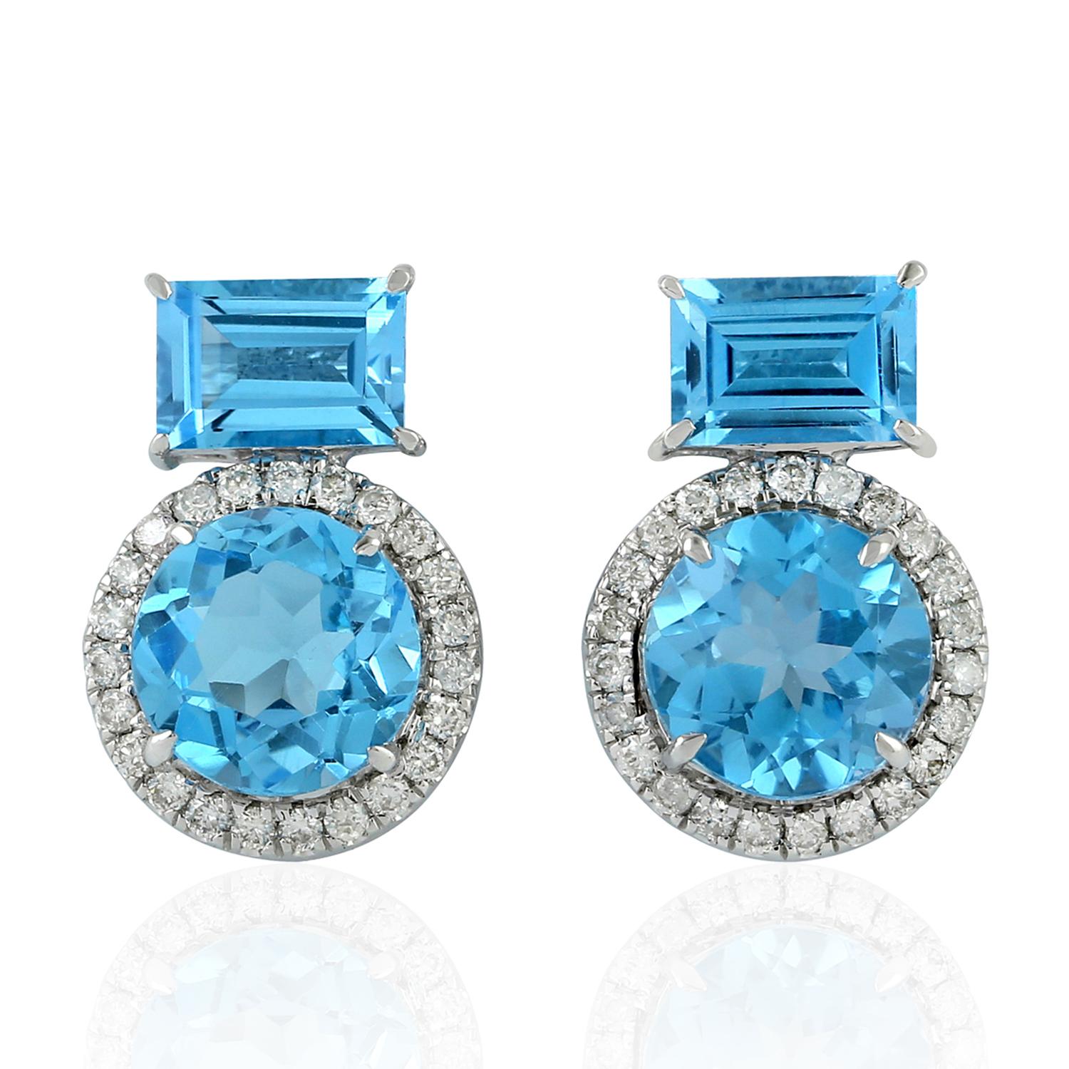 Mixed Cut Blue Topaz Diamond 18 Karat Gold Stud Earrings For Sale