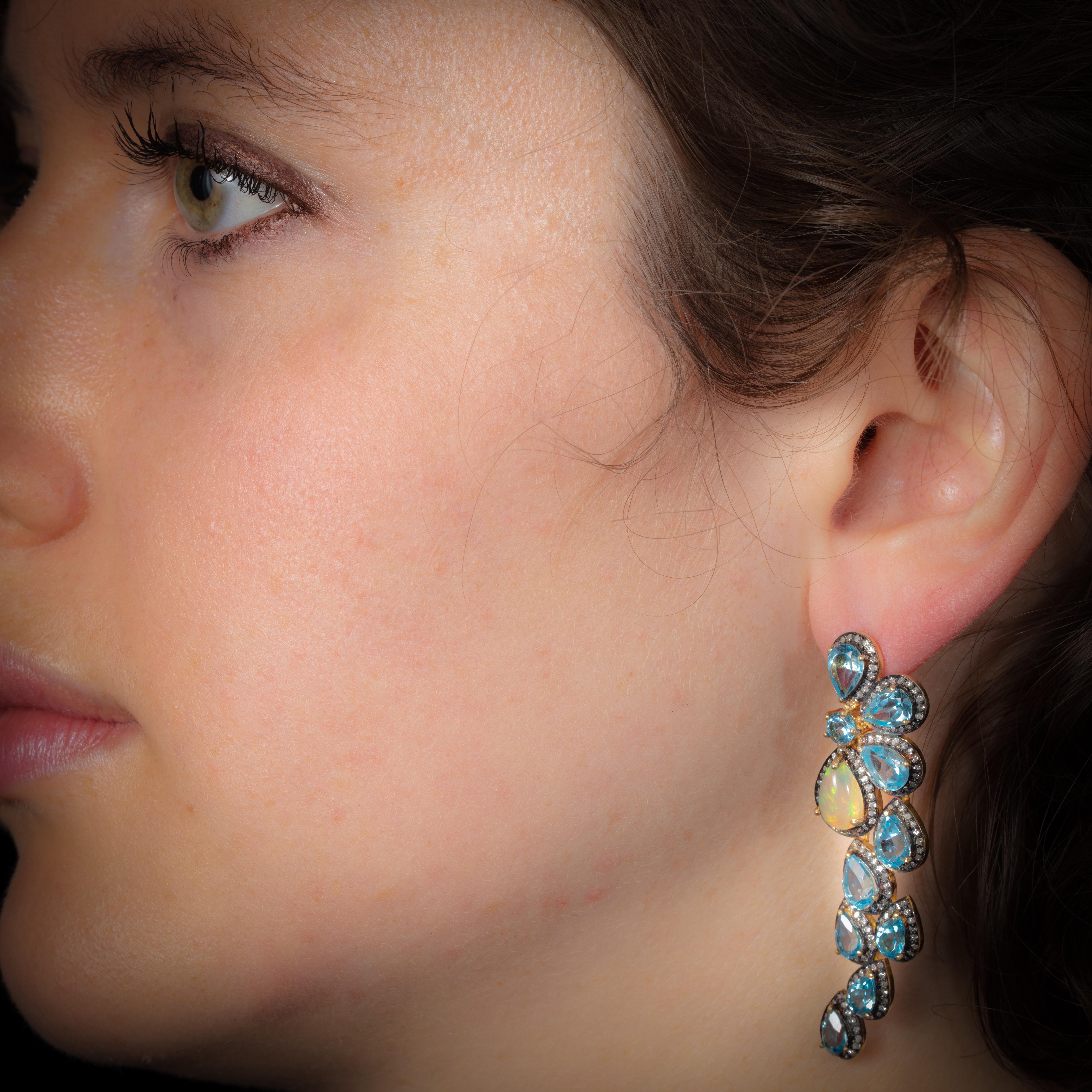 Pear Cut Blue Topaz Diamond and Opal Dangle Earrings For Sale