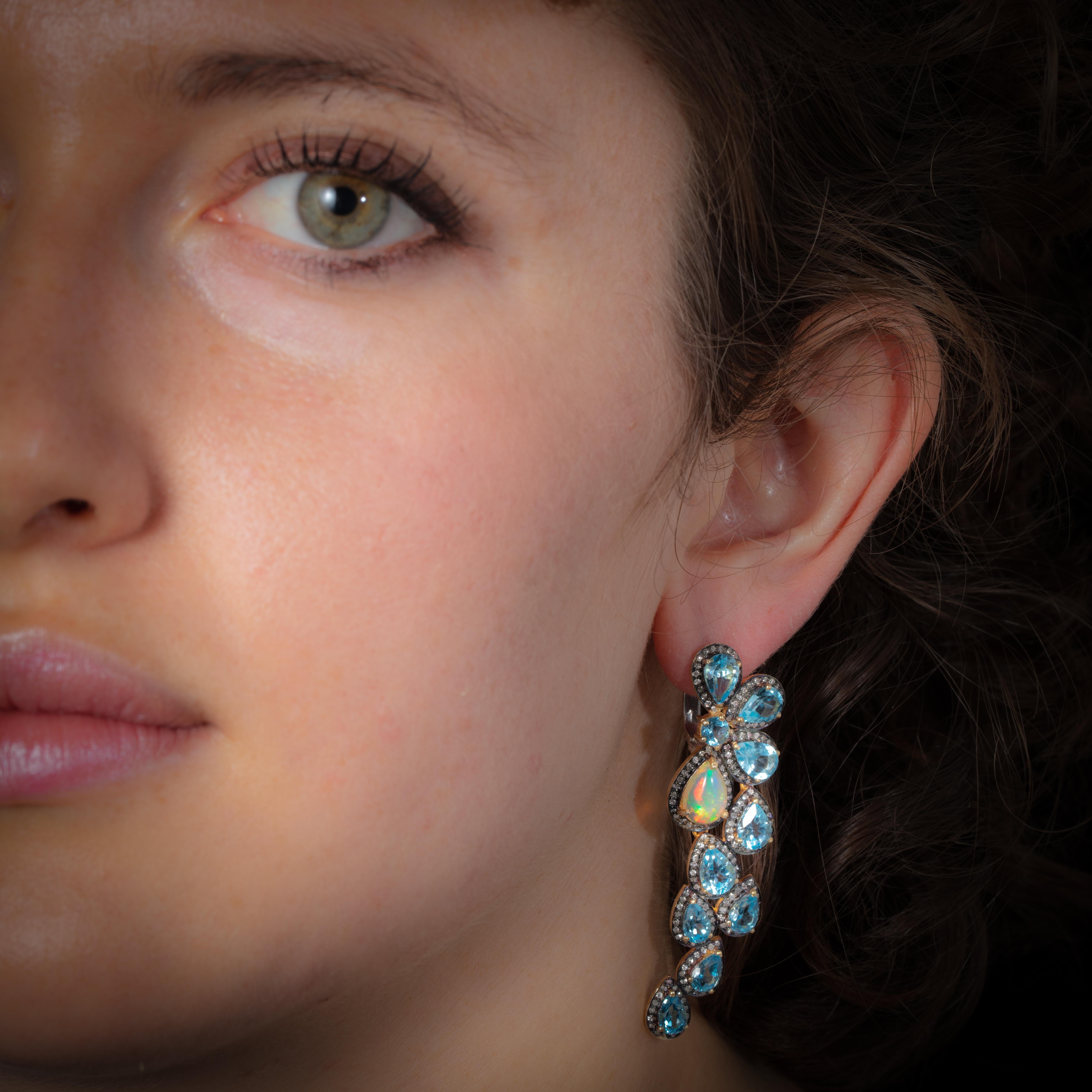 Blue Topaz Diamond and Opal Dangle Earrings In Excellent Condition For Sale In Nantucket, MA