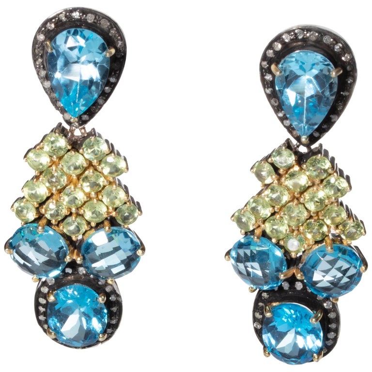 Blue Topaz, Diamond and Peridot Earrings For Sale at 1stdibs