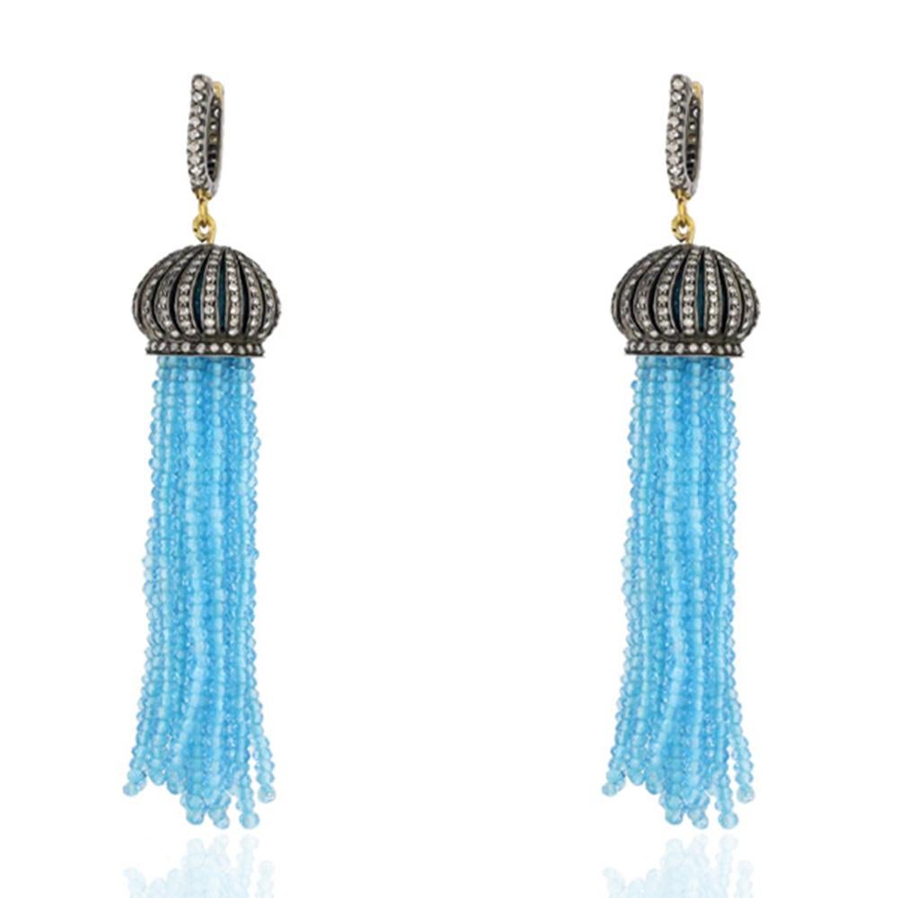 Modern Blue Topaz Tassel Earrings With Diamonds Made In 18k Gold & Silver For Sale