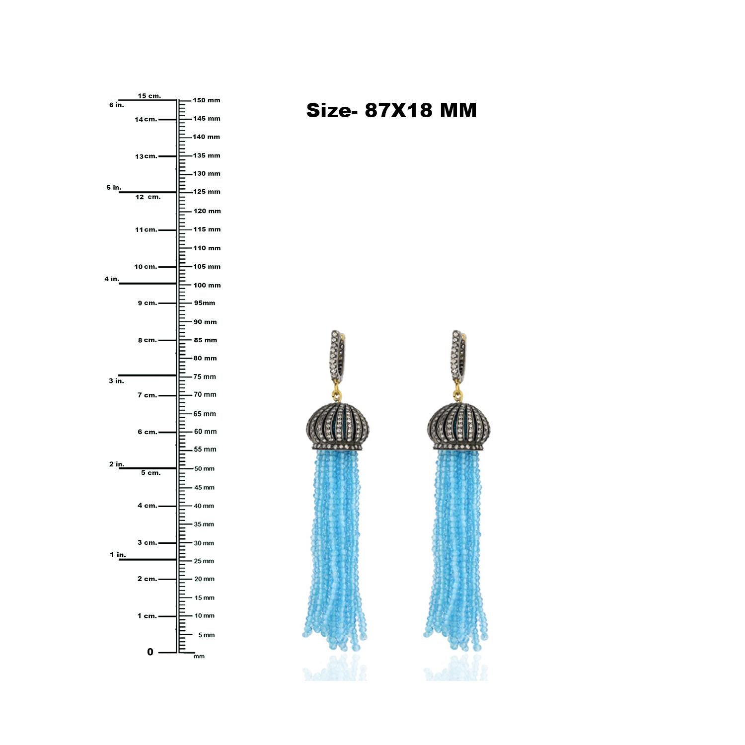 Mixed Cut Blue Topaz Tassel Earrings With Diamonds Made In 18k Gold & Silver For Sale