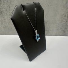 Blue Topaz & Diamond Art Deco Necklace in 10kt White Gold 8 by 6mm Topaz 0.08ctw